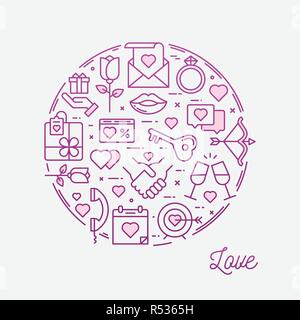 Amore, linea sottile icone telaio circolare banner Illustrazione Vettoriale