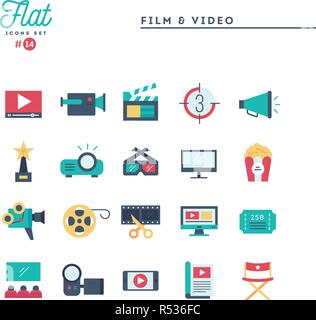 Film, video, riprese, montaggio e più piana e set di icone Illustrazione Vettoriale