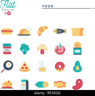 Cibo, carne, verdure e più piana e set di icone Illustrazione Vettoriale