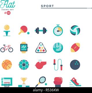 Sport e ricreazione, lavorare fuori, attrezzature e più piana e set di icone Illustrazione Vettoriale