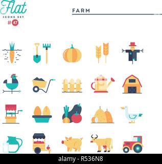 Agriturismo, animali, terreni, la produzione di cibo e più piana e set di icone Illustrazione Vettoriale