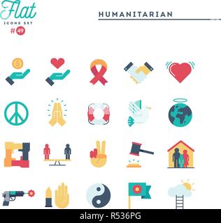 Umanitaria, la pace e la giustizia, i diritti umani e più piana e set di icone Illustrazione Vettoriale