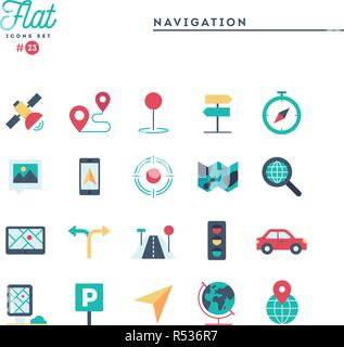 Navigazione, direzione, mappe, traffico e più piana e set di icone Illustrazione Vettoriale