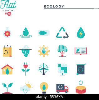 Ecologia, natura, energia pulita, riciclaggio e più piana e set di icone Illustrazione Vettoriale
