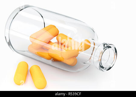 Orange pillole capsule compresse wth trasparente bottiglia di vetro caduto isolati su sfondo bianco. 3D rendering immagine Foto Stock