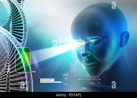 Occhio guardando avanti contro le strutture di DNA Foto Stock