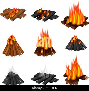 Campfire icon set. Set realistica del fuoco di accampamento icone vettoriali per il web design isolato su sfondo bianco Illustrazione Vettoriale