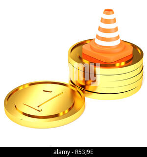 Stipendio, risparmi, crisi economica concetto. Pila di monete con il traffico cono isolato su sfondo bianco.3d illustrazione Foto Stock