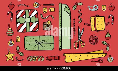 Illustrazione di un regalo di Natale-elementi di avvolgimento in un piatto di installazione dei laici. Illustrazione Vettoriale