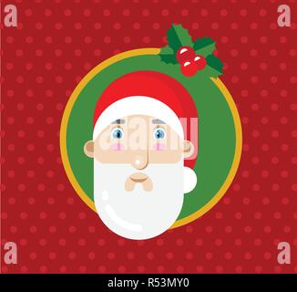 Appartamento illustrazione vettoriale di Santa Claus in un cerchio con Holly e un rosso sfondo tratteggiato. Può essere utilizzato per la carta regalo. Illustrazione Vettoriale
