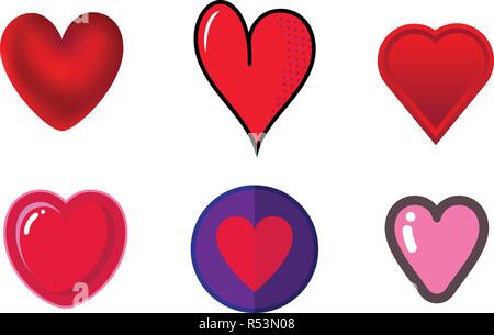 Set di sei cuori in diversi stili d'arte. Illustrazioni vettoriali. Illustrazione Vettoriale