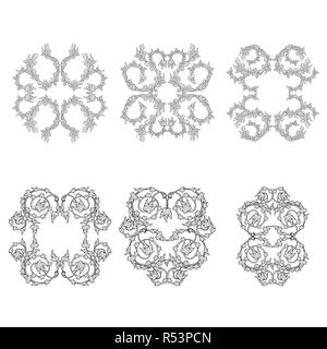Sei isolato nero elementi floreali con foglie di stile Vittoriano, vettore sullo sfondo bianco per la progettazione Illustrazione Vettoriale