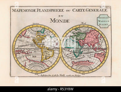 Mappa mondo risalente alla fine del XVII o agli inizi del XVIII secolo e pubblicato ad Amsterdam che mostra la parte occidentale e quella orientale emisferi. Tra le molte imprecisioni, la California area è rappresentata come un'isola. Foto Stock