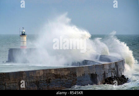 Newhaven, East Sussex. Il 29 novembre 2018. Venti forti continuare lungo la costa del sud portando con sé grandi ondate di Newhaven Harbour. Credito: Peter Cripps/Alamy Live News Foto Stock