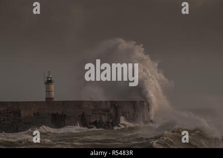 Newhaven, East Sussex, Regno Unito. 29th novembre 2018. Tempo del Regno Unito: Più vento di forza gale dal Sud Ovest frusta le onde sulla costa meridionale. Foto Stock