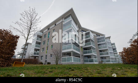 28 novembre 2018, Assia, Frankfurt/Main: vista esterna del progetto di costruzione "Lady di la storia d'amore" nel quartiere di Francoforte Riedberg. L'architetto Dijana Sustelo di Bien-Ries AG progettato il concetto di vita. (A dpa ''cinque amici' e 'Lady Di la storia d'amore" - case diventano marche' dal 30.11.2018) Foto: Sila Stein/dpa Foto Stock