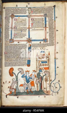 Bas-de-page scena di un re e la sua corte, con un messaggero avvicinando il re e la regina ed una bibliografia alla fine del testo. La Smithfield Decretals. Francia S. (Tolosa?); ultimo quarto del XIII secolo o al primo trimestre del XIV secolo. Fonte: Royal 10 E. IV, f.314. Lingue: Latina. Autore: Raymond di PeÃ±afort, editor. Bernardo di Parma, glossator. Foto Stock