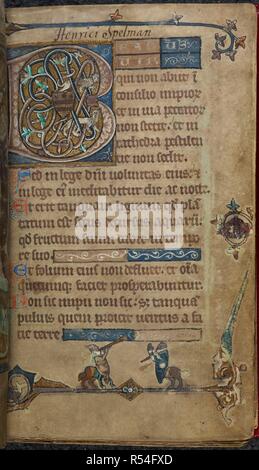 Confine di creature ibride historiated iniziale con uno stemma e due leoni sulla pagina manoscritta. Salterio ore con un calendario, litanie e preghiere. Inghilterra, prima metà del XIV secolo. Decorate iniziale "B"(eatus), con le braccia e due leoni e un parziale bar confine in colori e oro con l'Ibrido Grottesco creature soffiando trombe nel bas-de-pagina. Fonte: Harley 2356 f.9. Lingue: latina, francese e un po' di inglese. Foto Stock