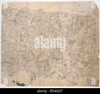 Bury St Edmunds. Costruito nel 1795 per visualizzare i dipinti e argenteria del quarto conte di Bristol, Ickworth House è raffigurato nella parte superiore sinistra della mappa lungo la strada che porta a sud-ovest di Haverhill. L' abbazia di Bury St Edmunds è indicata da una croce. L'abbazia, costruito poco dopo la conquista normanna del 1066, alloggiata una fiorente comunità monastica fino al suo scioglimento nel 1539. Una prigione e mulini a vento sono noti al di fuori di Bury St Edmunds. 1816. Matita e inchiostro su carta. Fonte: OSD 236 pt.2. Foto Stock