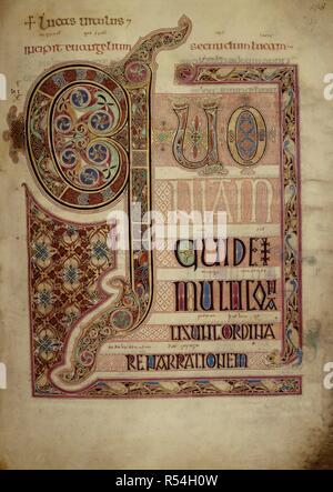 San Luca il Vangelo; Incipit pagina. Lindisfarne Vangeli. N.E. Inghilterra [Lindisfarne]; 710-721. [Intero folio] Incipit pagina per San Luca nel Vangelo. Testo, decorata con iniziale 'Q'. Decorate le frontiere. Immagine presa da Lindisfarne Vangeli. Originariamente pubblicato/prodotto in N.E. Inghilterra [Lindisfarne]; 710-721. . Fonte: cotone nero D. IV, f.139. Lingue: latina, con glosse anglosassoni. Foto Stock