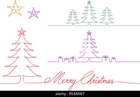 Una linea continua di alberi di Natale, a linea singola disegno, illustrazione vettoriale per le cartoline, sfondo stagionali Illustrazione Vettoriale
