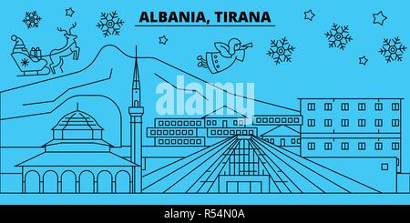 Albania Tirana vacanze invernali skyline. Buon Natale e Felice Anno Nuovo banner decorati con Babbo Natale.Piana, vettore di contorno.Albania Tirana lineare città natale illustrazione Illustrazione Vettoriale