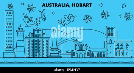 Australia, Hobart vacanze invernali skyline. Buon Natale e Felice Anno Nuovo banner decorati con Babbo Natale.Piana, vettore di contorno.Australia, Hobart lineare città natale illustrazione Illustrazione Vettoriale