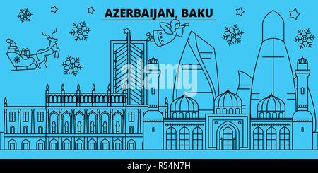 Azerbaigian, Baku vacanze invernali skyline. Buon Natale e Felice Anno Nuovo banner decorati con Babbo Natale.Piana, vettore di contorno.Azerbaigian, Baku lineare città natale illustrazione Illustrazione Vettoriale