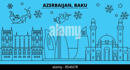 Azerbaigian, Baku città vacanze invernali skyline. Buon Natale e Felice Anno Nuovo banner decorati con Babbo Natale.Piana, vettore di contorno.Azerbaigian, Baku città lineare città natale illustrazione Illustrazione Vettoriale