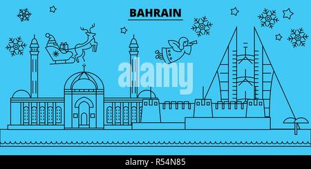 Bahrein vacanze invernali skyline. Buon Natale e Felice Anno Nuovo banner decorati con Babbo Natale.Piana, vettore di contorno.Bahrain lineare città natale illustrazione Illustrazione Vettoriale