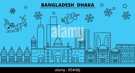 Bangladesh, Dhaka vacanze invernali skyline. Buon Natale e Felice Anno Nuovo banner decorati con Babbo Natale.Piana, vettore di contorno.Bangladesh, Dhaka lineare città natale illustrazione Illustrazione Vettoriale
