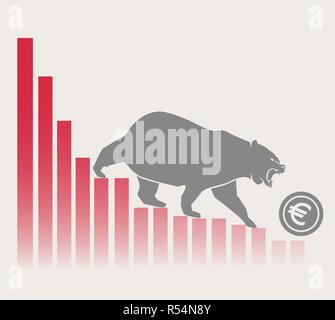 Orso Euro si sposta verso il basso sul grafico, negativo del mercato di valuta e sfondo grigio Illustrazione Vettoriale