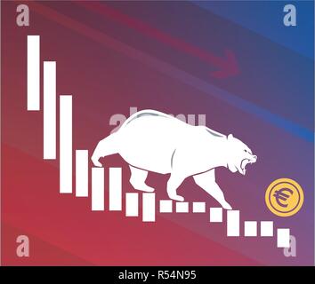 Orso Euro si sposta verso il basso sul grafico, negativo del mercato di valuta, sfondo rosso Illustrazione Vettoriale