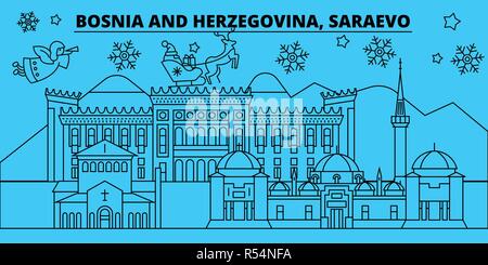 La Bosnia ed Erzegovina, Saraevo vacanze invernali skyline. Buon Natale e Felice Anno Nuovo con Babbo Natale.La Bosnia ed Erzegovina, Saraevo lineare città natale vettore illustrazione piatta Illustrazione Vettoriale