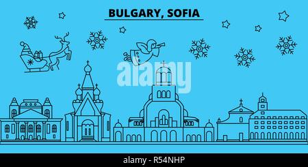 La Bulgaria, Sofia vacanze invernali skyline. Buon Natale e Felice Anno Nuovo banner decorati con Babbo Natale.La Bulgaria, Sofia lineare città natale vettore illustrazione piatta Illustrazione Vettoriale