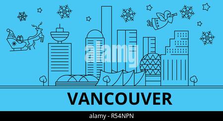 Canada Vancouver vacanze invernali skyline. Buon Natale e Felice Anno Nuovo banner decorati con Babbo Natale.Canada Vancouver lineare città natale vettore illustrazione piatta Illustrazione Vettoriale