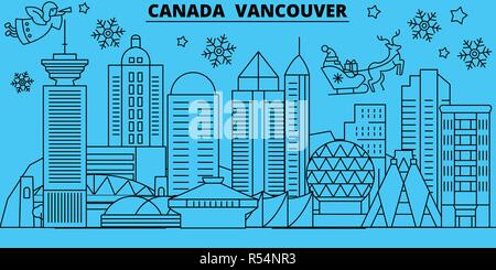 Canada Vancouver città vacanze invernali skyline. Buon Natale e Felice Anno Nuovo banner decorati con Babbo Natale.Canada Vancouver città lineare città natale vettore illustrazione piatta Illustrazione Vettoriale