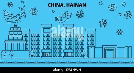 Cina, Hainan vacanze invernali skyline. Buon Natale e Felice Anno Nuovo banner decorati con Babbo Natale.Piana, vettore di contorno.La Cina, Hainan lineare città natale illustrazione Illustrazione Vettoriale