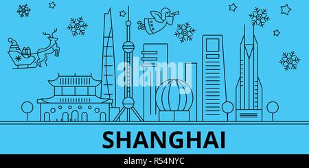 Cina, Shanghai vacanze invernali skyline. Buon Natale e Felice Anno Nuovo banner decorati con Babbo Natale.La Cina Shanghai lineare città natale vettore illustrazione piatta Illustrazione Vettoriale