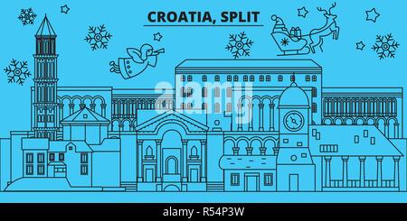 Croazia, Split vacanze invernali skyline. Buon Natale e Felice Anno Nuovo banner decorati con Babbo Natale.Croazia, Split lineare città natale vettore illustrazione piatta Illustrazione Vettoriale