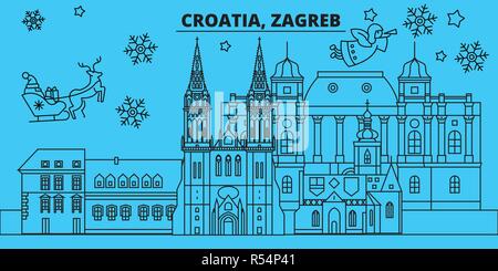 Croazia, Zagabria vacanze invernali skyline. Buon Natale e Felice Anno Nuovo banner decorati con Babbo Natale.Piana, vettore di contorno.Croazia, Zagabria lineare città natale illustrazione Illustrazione Vettoriale