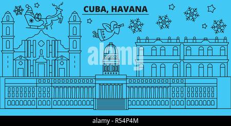 Cuba, Havana city vacanze invernali skyline. Buon Natale e Felice Anno Nuovo banner decorati con Babbo Natale.Cuba, La Habana città lineare città natale vettore illustrazione piatta Illustrazione Vettoriale