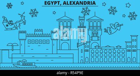 Egitto, Alessandria vacanze invernali skyline. Buon Natale e Felice Anno Nuovo banner decorati con Babbo Natale.Egitto, Alessandria lineare città natale vettore illustrazione piatta Illustrazione Vettoriale