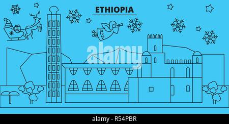 Etiopia vacanze invernali skyline. Buon Natale e Felice Anno Nuovo banner decorati con Babbo Natale.Etiopia lineare città natale vettore illustrazione piatta Illustrazione Vettoriale