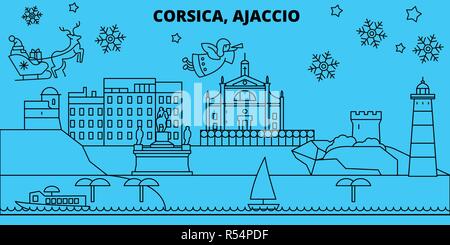 Francia, Ajaccio Vacanze invernali skyline. Buon Natale e Felice Anno Nuovo banner decorati con Babbo Natale.Francia, Ajaccio lineare città natale vettore illustrazione piatta Illustrazione Vettoriale