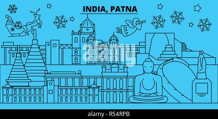 India, Patna vacanze invernali skyline. Buon Natale e Felice Anno Nuovo banner decorati con Babbo Natale.India, Patna lineare città natale vettore illustrazione piatta Illustrazione Vettoriale