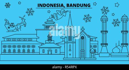 Indonesia, Bandung vacanze invernali skyline. Buon Natale e Felice Anno Nuovo banner decorati con Babbo Natale.Indonesia, Bandung lineare città natale vettore illustrazione piatta Illustrazione Vettoriale