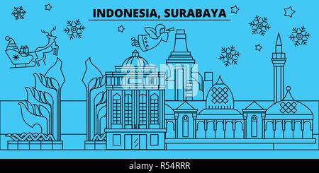 Indonesia, Surabaya vacanze invernali skyline. Buon Natale e Felice Anno Nuovo banner decorati con Babbo Natale.Indonesia, Surabaya lineare città natale vettore illustrazione piatta Illustrazione Vettoriale