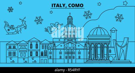 L'Italia, Como vacanze invernali skyline. Buon Natale e Felice Anno Nuovo banner decorati con Babbo Natale.Italia, Como lineare città natale vettore illustrazione piatta Illustrazione Vettoriale