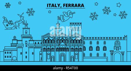 L'Italia, Ferrara vacanze invernali skyline. Buon Natale e Felice Anno Nuovo banner decorati con Babbo Natale.Italia, Ferrara lineare città natale vettore illustrazione piatta Illustrazione Vettoriale
